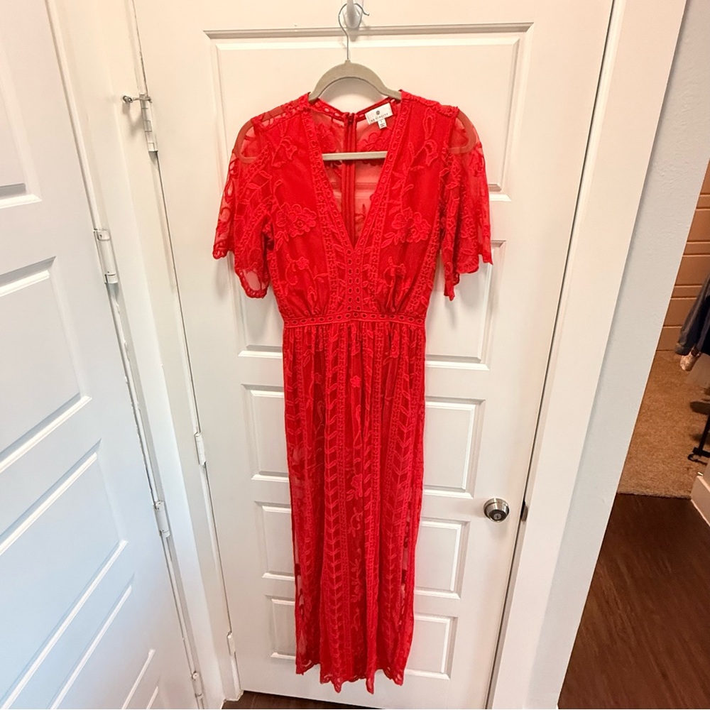 Socialite Red Lace Overlay Maxi Romper Jumpsuit Dress Women's Small Red Lipstick